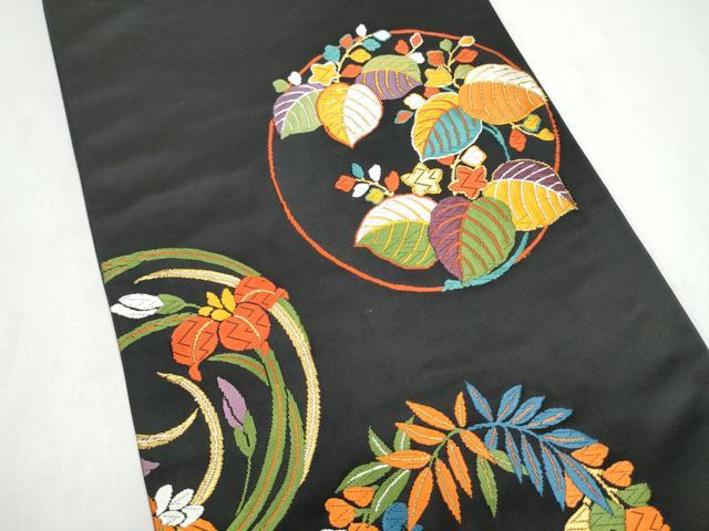 平和屋着物●六通柄袋帯　唐織　草花丸文　黒地　金糸　正絹　逸品　CABL9935hy