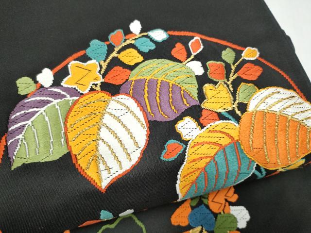 平和屋着物●六通柄袋帯　唐織　草花丸文　黒地　金糸　正絹　逸品　CABL9935hy