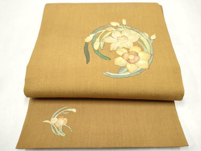 平和屋着物●太鼓柄袋帯　紬地　ろうけつ染　草花丸文　正絹　逸品　CABL9936hy