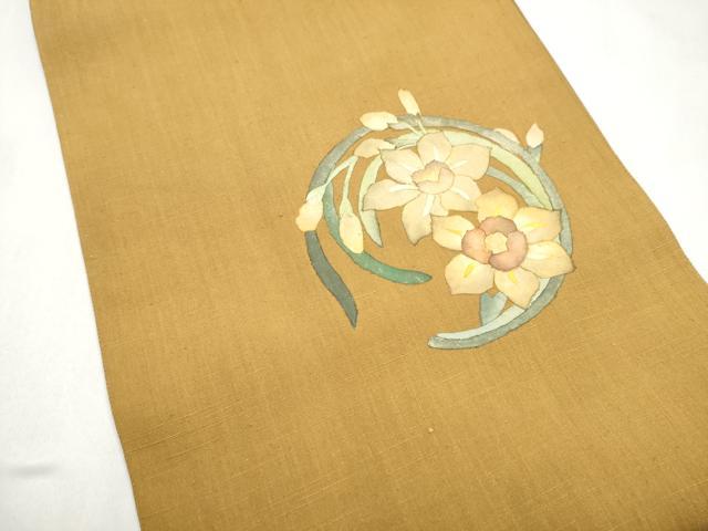 平和屋着物●太鼓柄袋帯　紬地　ろうけつ染　草花丸文　正絹　逸品　CABL9936hy