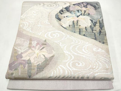 平和屋着物●太鼓柄袋帯　すくい織　流水花文　銀彩　正絹　逸品　CABL9943hy