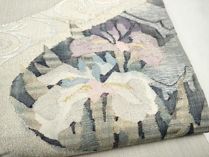 平和屋着物●太鼓柄袋帯　すくい織　流水花文　銀彩　正絹　逸品　CABL9943hy