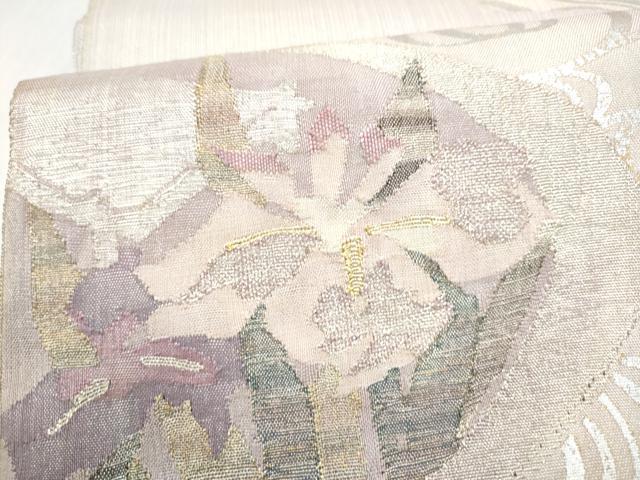 平和屋着物●太鼓柄袋帯　すくい織　流水花文　銀彩　正絹　逸品　CABL9943hy
