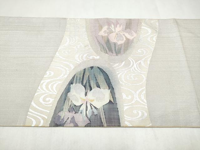 平和屋着物●太鼓柄袋帯　すくい織　流水花文　銀彩　正絹　逸品　CABL9943hy