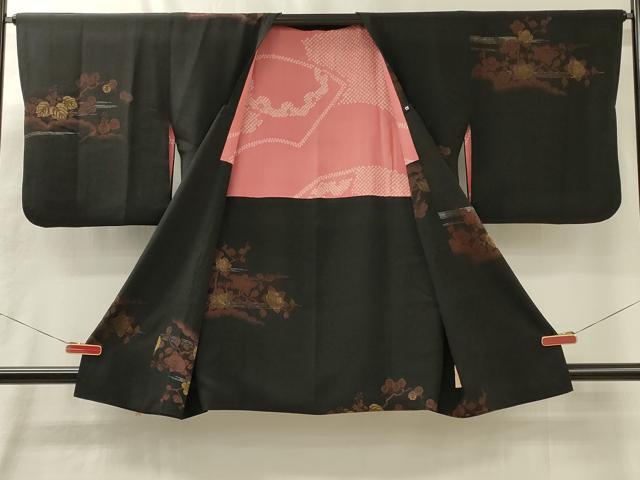 平和屋着物＃道行コート　寿光織　霞枝花文　黒地　金銀糸　正絹　逸品　CABM0004in