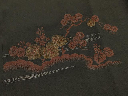 平和屋着物＃道行コート　寿光織　霞枝花文　黒地　金銀糸　正絹　逸品　CABM0004in