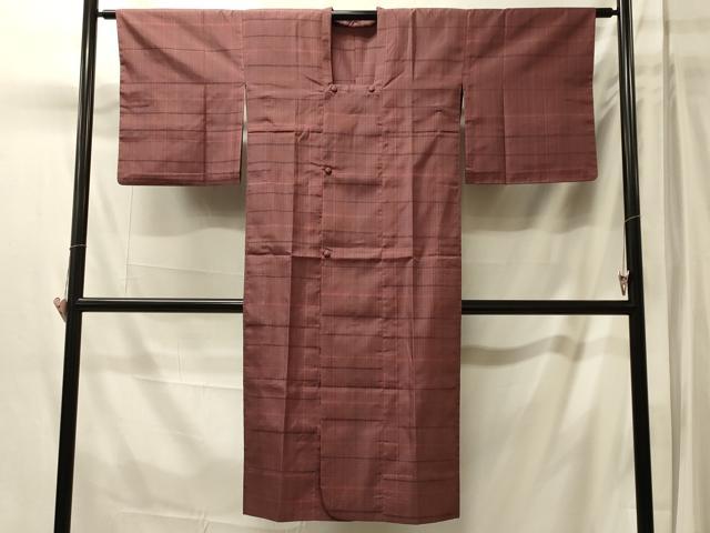 平和屋着物＃道行コート　雨コート　単衣　格子　ロング丈　正絹　逸品　CABM0027in