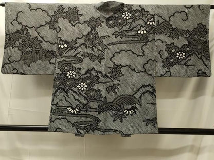 平和屋着物＃羽織　総絞り　雲取り風景花文　黒地　正絹　逸品　CABM0117in