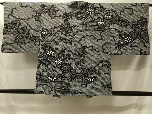 平和屋着物＃羽織　総絞り　雲取り風景花文　黒地　正絹　逸品　CABM0117in