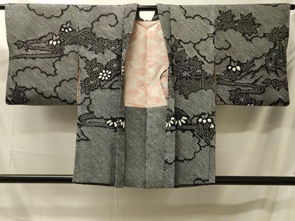 平和屋着物＃羽織　総絞り　雲取り風景花文　黒地　正絹　逸品　CABM0117in
