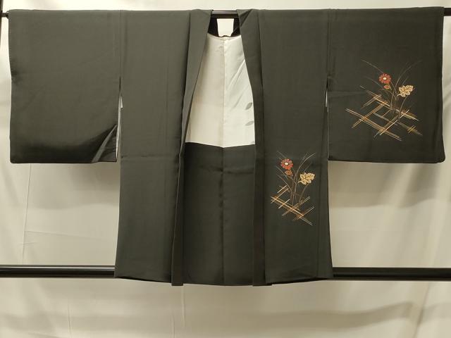 平和屋着物＃羽織　刺繍　草花文　黒地　金彩　正絹　逸品　CABM0121in