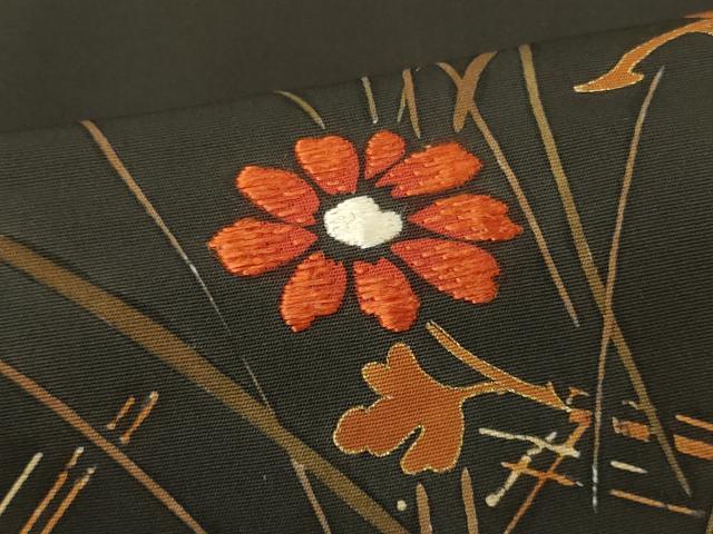平和屋着物＃羽織　刺繍　草花文　黒地　金彩　正絹　逸品　CABM0121in