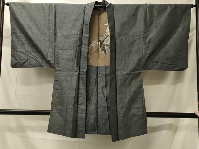 平和屋着物＃男性　長羽織　紬地　格子　正絹　逸品　CABM0164in