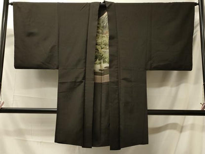 平和屋着物＃男性　長羽織　紬地　黒地　正絹　逸品　CABM0190in