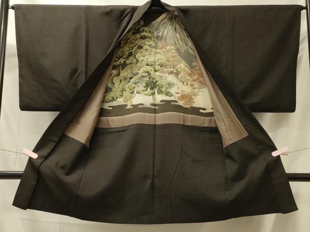 平和屋着物＃男性　長羽織　紬地　黒地　正絹　逸品　CABM0190in