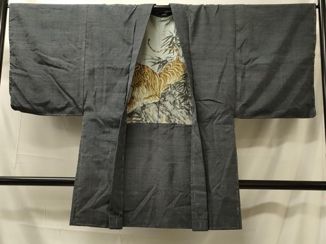 平和屋着物＃男性　長羽織　紬地　霞文　羽裏：虎　正絹　逸品　未使用　CABM0212in