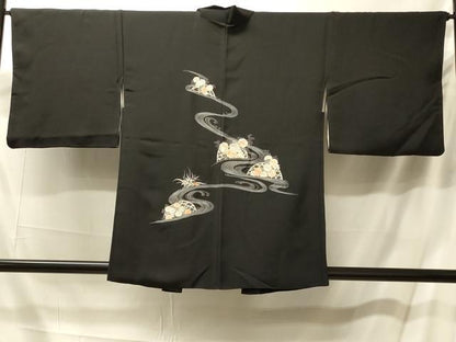 平和屋着物＃羽織　駒刺繍　流水籬花文　黒地　銀糸　正絹　逸品　CABM0216in
