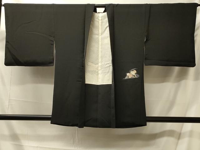 平和屋着物＃羽織　駒刺繍　流水籬花文　黒地　銀糸　正絹　逸品　CABM0216in