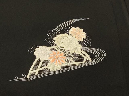 平和屋着物＃羽織　駒刺繍　流水籬花文　黒地　銀糸　正絹　逸品　CABM0216in