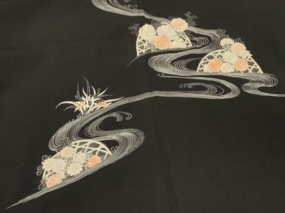 平和屋着物＃羽織　駒刺繍　流水籬花文　黒地　銀糸　正絹　逸品　CABM0216in