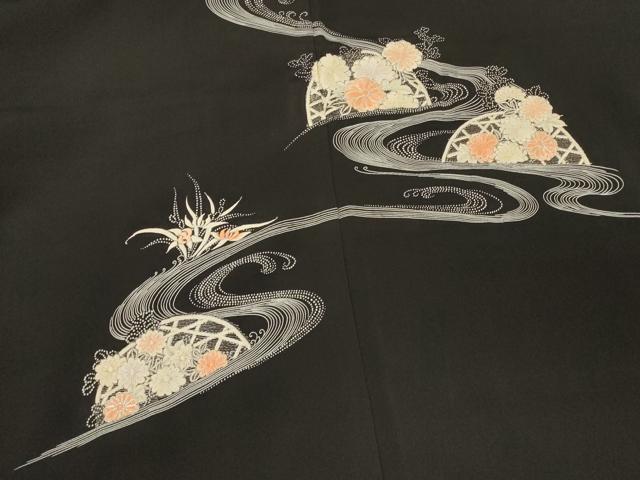平和屋着物＃羽織　駒刺繍　流水籬花文　黒地　銀糸　正絹　逸品　CABM0216in