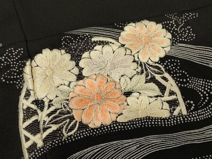 平和屋着物＃羽織　駒刺繍　流水籬花文　黒地　銀糸　正絹　逸品　CABM0216in