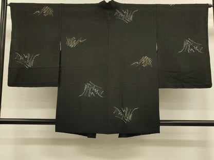 平和屋着物＃羽織　寿光織　草葉文　黒地　金銀糸　正絹　逸品　CABM0236in