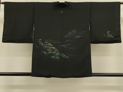 平和屋着物＃羽織　寿光織　遠山風景文　黒地　金糸　正絹　逸品　CABM0240in