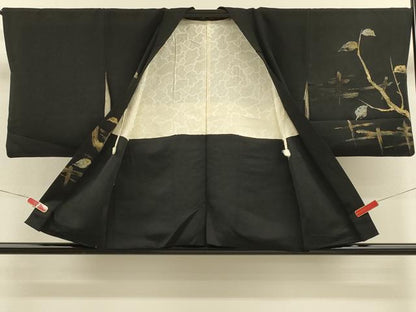平和屋着物＃羽織　寿光織　枝葉文　黒地　金銀糸　正絹　逸品　CABM0245in