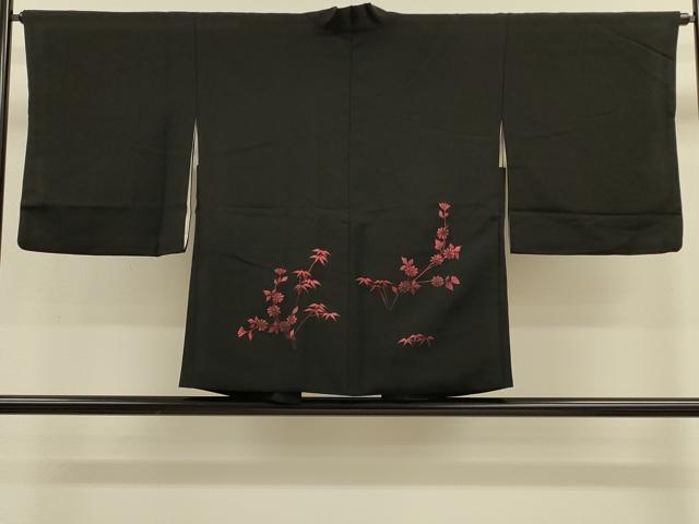 平和屋着物＃羽織　総刺繍　枝花文　黒地　正絹　逸品　CABM0257in