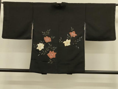 平和屋着物＃羽織　草花文　黒地　正絹　逸品　CABM0260in