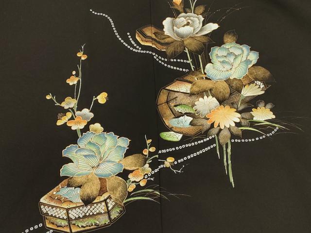 平和屋着物＃羽織　貝桶花文　黒地　金彩　正絹　逸品　CABM0279in