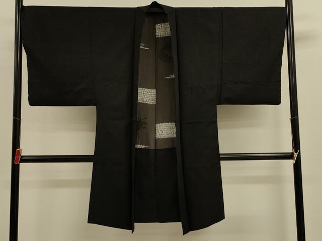 平和屋着物＃男性　長羽織　ひげ紬　黒地　正絹　逸品　CABM0283in