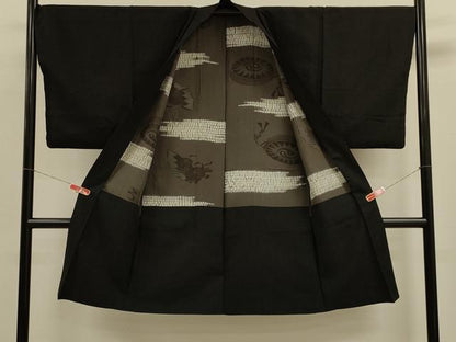 平和屋着物＃男性　長羽織　ひげ紬　黒地　正絹　逸品　CABM0283in