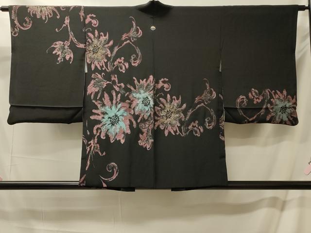 平和屋着物＃羽織　寿光織　草花文　黒地　銀糸　正絹　逸品　CABM0360in