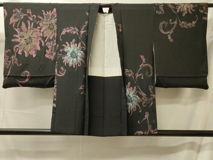 平和屋着物＃羽織　寿光織　草花文　黒地　銀糸　正絹　逸品　CABM0360in