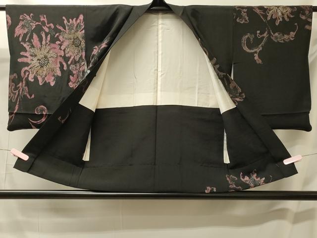 平和屋着物＃羽織　寿光織　草花文　黒地　銀糸　正絹　逸品　CABM0360in