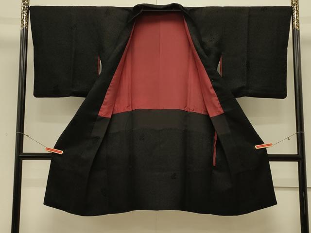 平和屋着物＃和装コート　輪奈ビロード　葉づくし　黒地　ロング丈　正絹　逸品　CABM0367in