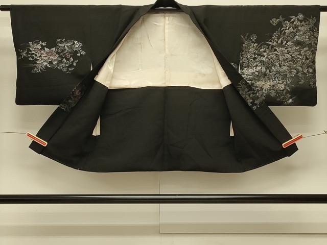 平和屋着物＃羽織　寿光織　草花文　黒地　金銀糸　正絹　逸品　CABM0372in