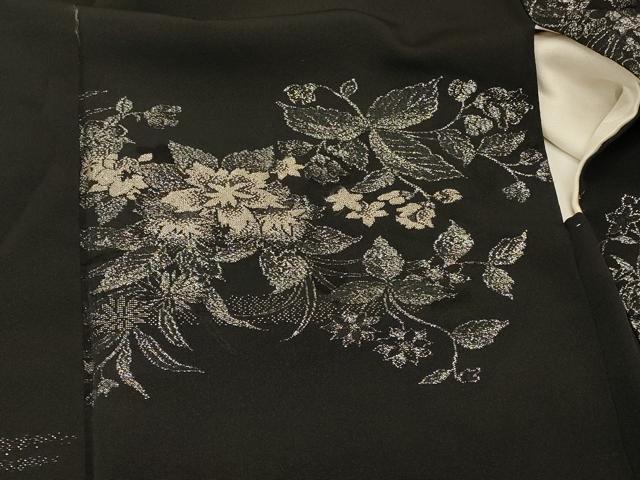 平和屋着物＃羽織　寿光織　草花文　黒地　金銀糸　正絹　逸品　CABM0372in