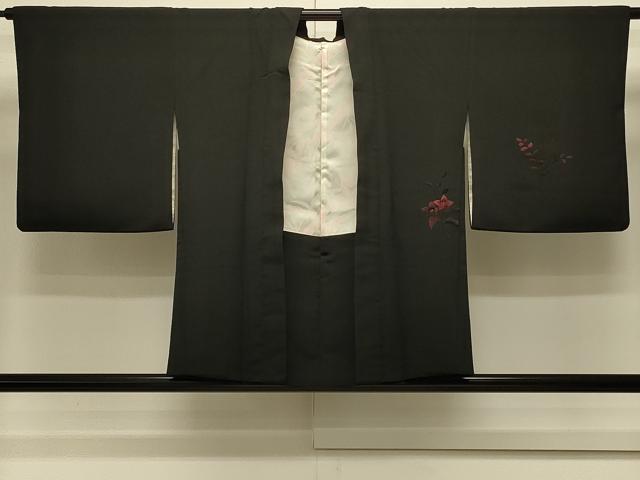 平和屋着物＃羽織　総刺繍　松皮菱枝花文　黒地　正絹　逸品　CABM0386in