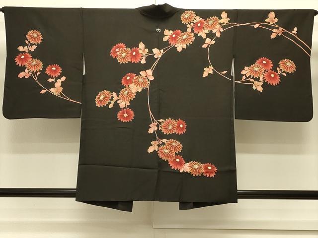 平和屋着物＃羽織　枝菊文　黒地　金彩　正絹　逸品　CABM0393in