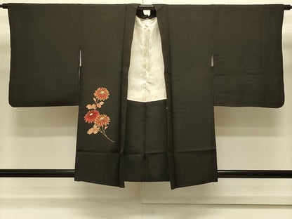 平和屋着物＃羽織　枝菊文　黒地　金彩　正絹　逸品　CABM0393in