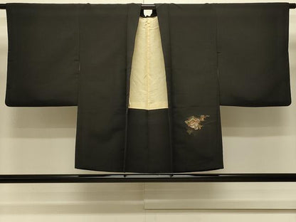 平和屋着物＃羽織　寿光織　花蝶文　黒地　金銀糸　正絹　逸品　CABM0394in