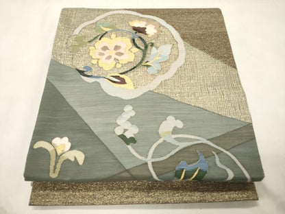 平和屋着物▽太鼓柄袋帯　スリーシーズン　春夏秋　すくい織　草花文　金糸　正絹　逸品　CABM0403dy
