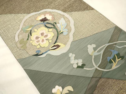 平和屋着物▽太鼓柄袋帯　スリーシーズン　春夏秋　すくい織　草花文　金糸　正絹　逸品　CABM0403dy