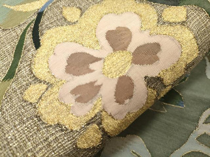 平和屋着物▽太鼓柄袋帯　スリーシーズン　春夏秋　すくい織　草花文　金糸　正絹　逸品　CABM0403dy