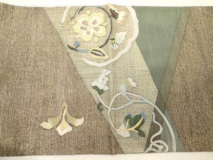 平和屋着物▽太鼓柄袋帯　スリーシーズン　春夏秋　すくい織　草花文　金糸　正絹　逸品　CABM0403dy