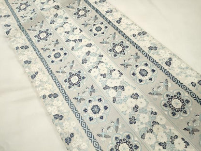 平和屋着物●六通柄袋帯　藍　花鳥間道　正絹　逸品　CABM0409dy