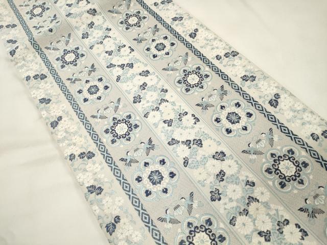 平和屋着物●六通柄袋帯　藍　花鳥間道　正絹　逸品　CABM0409dy
